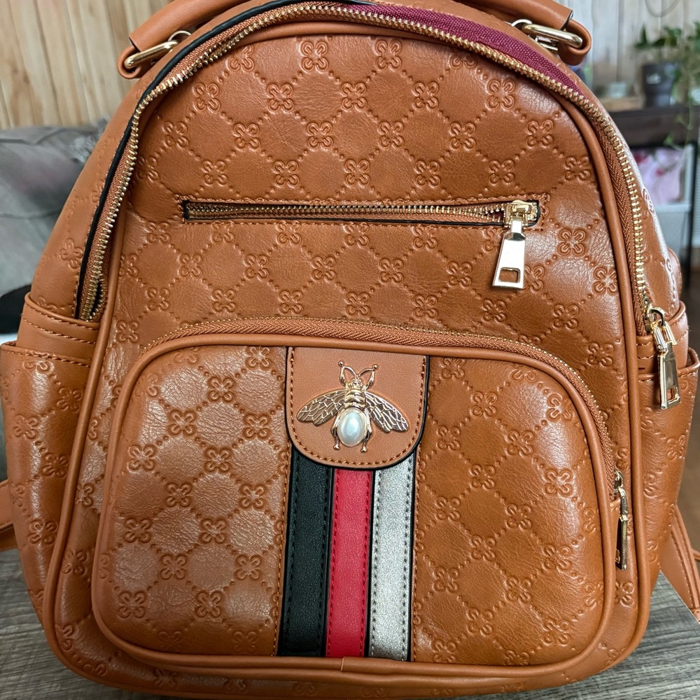 Brown Leather Backpack with Bee Accent